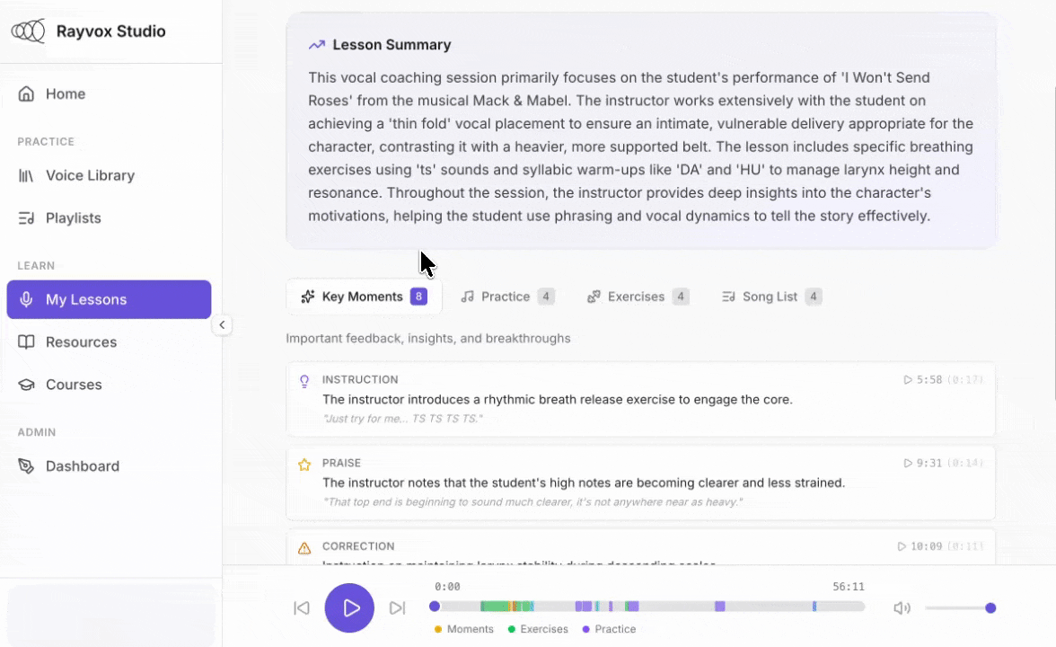 Lesson analysis showing AI-generated summary with key moments and timestamped notes