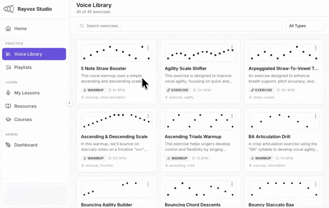 Voice Library showing vocal exercises with pitch notation and playback settings